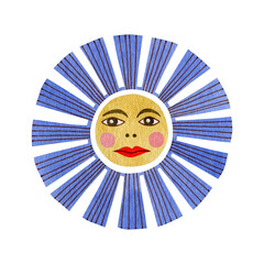 Watercolor illustration of sun isolated on white background in folk art style.