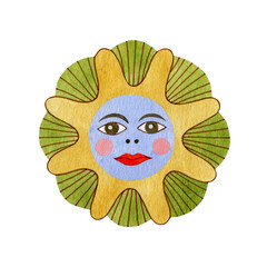 Watercolor illustration of sun isolated on white background in folk art style.