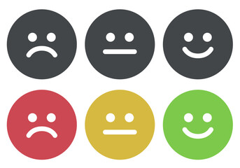 Rating scale or pain scale in the form of emoticons. From red to green smiley. Flat icons. Vector clipart isolated on white background.