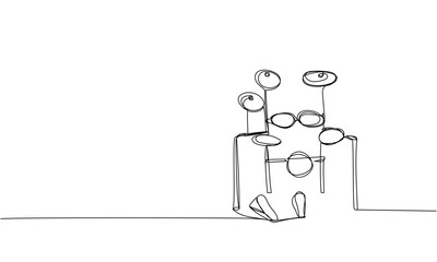 Electronic drum kit one line art. Continuous line drawing of play, drum, drumstick, kit, stick, music, performer, song, vintage, rock, instrument, band, percussion, sound, bass, musician.