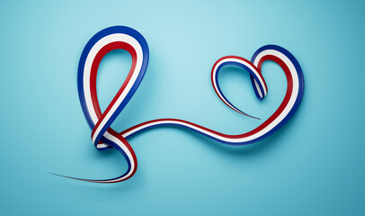3d Flag Of Netherlands, Heart-Shaped, Shiny Wavy Awareness Ribbon On Blue Background, 3d illustration