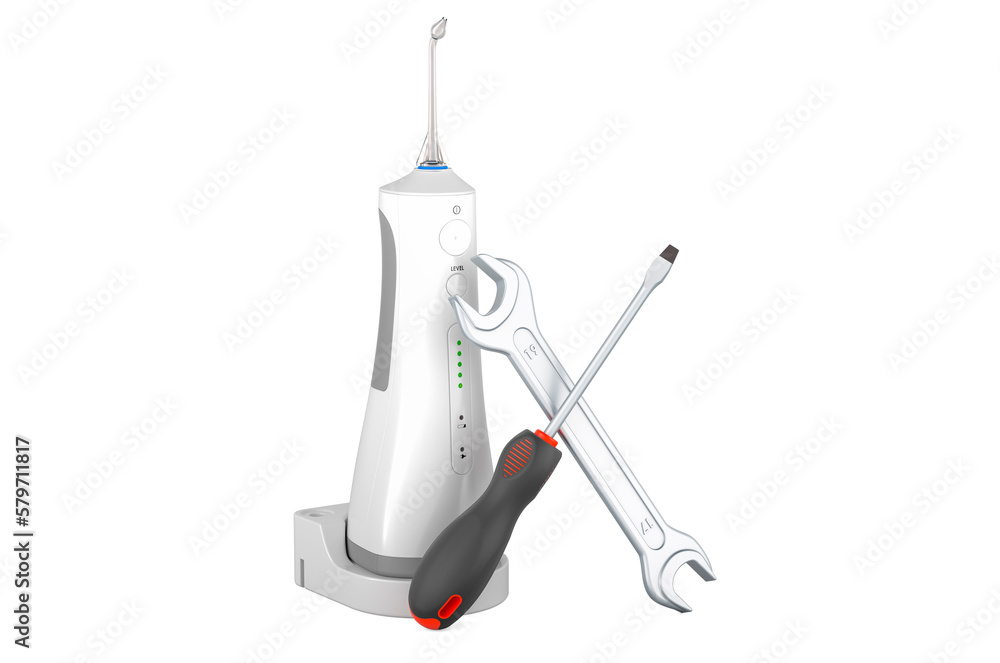 Poster portable water flosser with screwdriver and wrench, 3d rendering