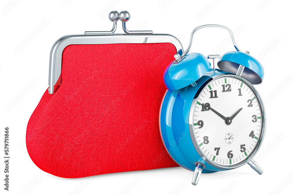 Poster purse coin with alarm clock, 3d rendering
