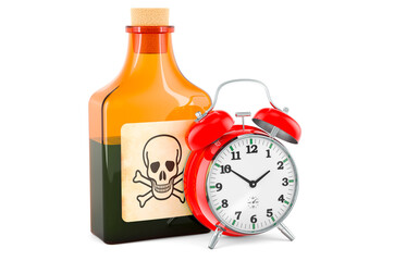 Poison bottle with cork with alarm clock, 3D rendering