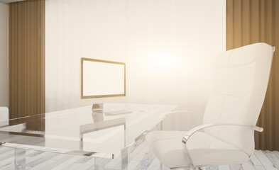 Office with wooden furniture and comfortable chairs. Sunset. 3D rendering.