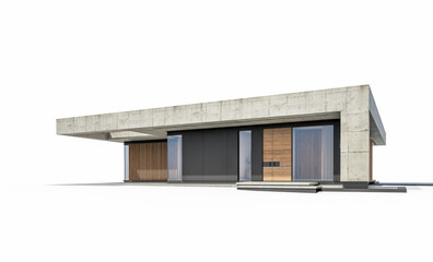 3d rendering of new concrete house in modern style with pool and parking for sale or rent only one floor in evening. Isolated on white