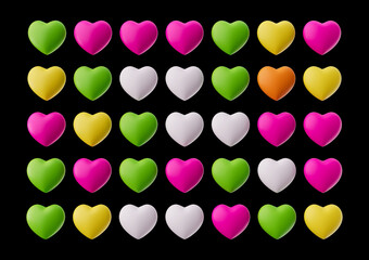 Heart Shape Sugar Candies, 3d Heart Shape Multicolor Candies On Black Background, 3d illustration