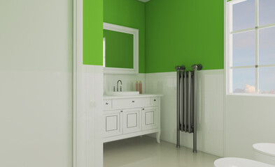 Fresh and clean bathroom design with white trim and green details. 3D rendering.