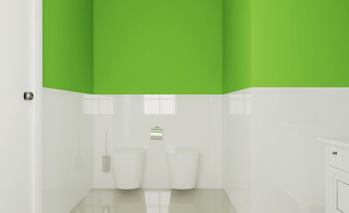 Fototapeta na wymiar White bathroom with window enlivened with green accessories. 3D rendering.