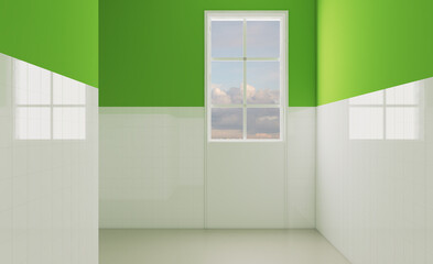 A green oasis in a white bathroom with a window.. 3D rendering.