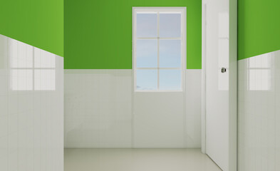A green oasis in a white bathroom with a window.. 3D rendering.