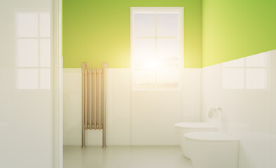 Obraz na płótnie Canvas Stylish green and white bathroom interior with window. 3D rendering.. Sunset.