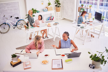 Business, inclusive and women partnership in office, busy and collaboration on idea, goal and mission. Diversity, business people and teamwork on design project, marketing and sharing strategy