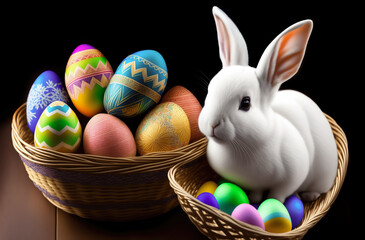 Fototapeta na wymiar Dark background with rabbit and eggs easter gift for holiday. Cute White Rabbit and basket easter eggs on dark background. Generative AI