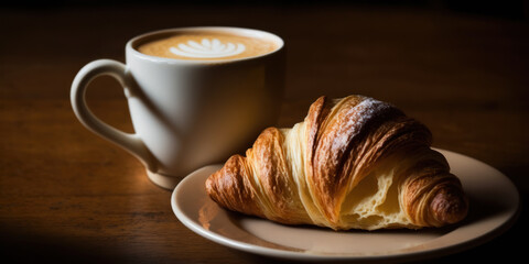 Tasse de café avec croissant dans une petite assiette posé sur une table en bois, scène de petit déjeuné - obrazy, fototapety, plakaty