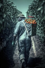 Fototapeta na wymiar Man carrying tomatoes in agricultural field. Generative AI vertical illustration