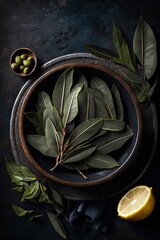 Table layout of dish full of bay leaves. Dark background. Generative AI vertical illustration