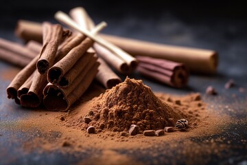 Cinnamon spice close up gourmet photography. Generative AI illustration
