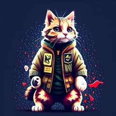 a full-body cute kitten, wearing an army jacket