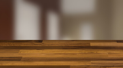 Clean public toilet room empty with wooden partition. 3D rendering., Background with empty wooden table. Flooring.
