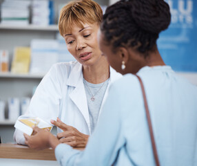 Fototapeta premium Healthcare, advice and black woman with pharmacist at counter for help on safe medicine and prescription drugs. Health, pharmaceutical info and patient consulting medical professional at pharmacy.