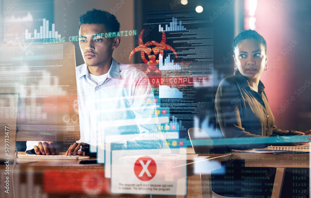 Aufkleber Future cybersecurity, computer cyber attack and man with bank credit breach, malware problem or ransomware. Password phishing overlay, software glitch or night businessman with fintech database virus