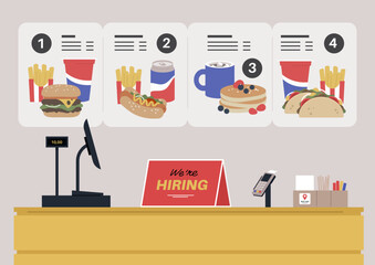 Fast food counter, we're hiring sign, cash register, pos terminal, display menu - obrazy, fototapety, plakaty