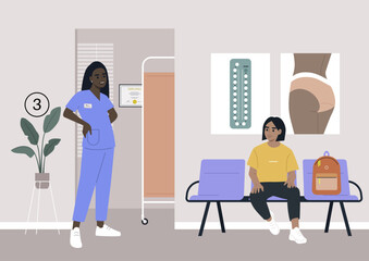 A clinic hallway, a gynecologist cabinet waiting area, a young female character waiting in the corridor