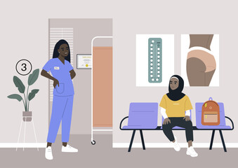 A clinic hallway, a gynecologist cabinet waiting area, a young female patient wearing a hijab