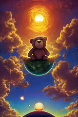 Abstract colorful asymmetrical teddy bear. Created with generative AI technology. Fantasy illustration perfect for books, designs, posters. 
