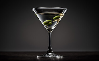 A Vodka Martini with two Olives. Popular Cocktail. Isolated on black backlit background. Illustrative Generative AI.