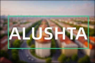 Alushta: Der Name der ukrainischen Stadt Alushta in der Oblast Krym, Avtonomna Respublika vor einem Foto