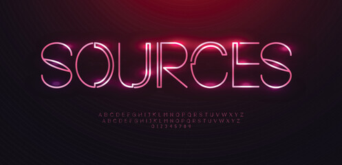 Sources font alphabet letters outline linear contour typography techno digital characters.
