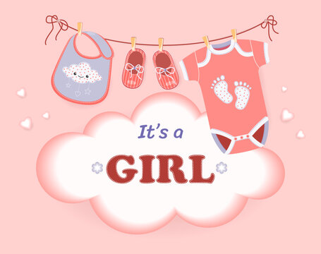 Baby shower greeting card. Baby shower invitation on pink background. This is a girl. Bib, bodysuit and booties dry on a rope. Vector illustration with baby clothes design