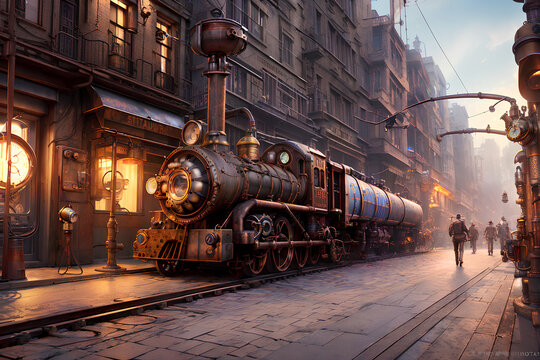 Old steam train in a steampunk style city. Generative AI.