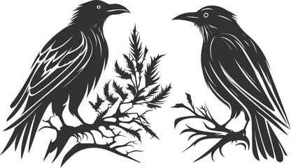 Obraz premium Black and White Hand-Drawn Abstract Crow outline Illustrations.