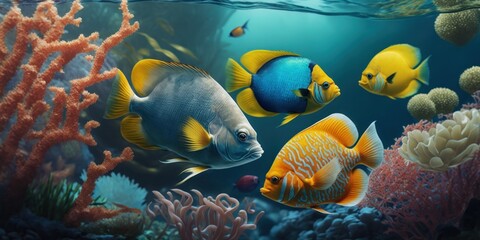 Naklejka na ściany i meble tropical fish and marine corals at the bottom of the sea, generative ai