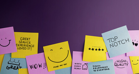 Customer Experience Concept. Happy Clients stick Many Sticky Notes with Positive Review on Board....