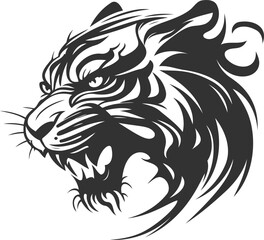Angry Tiger Roaring  Black and White Silhouette Illustration.