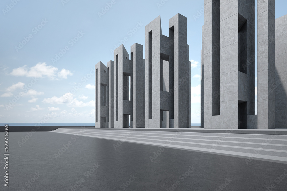 Poster empty concrete floor for car park. 3d rendering of abstract building with sea view background.
