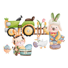 Watercolor Easter Rabbit Animal Farmer, Easter Elements, Easter farm concept
