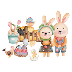 Watercolor Easter Rabbit Animal Farmer, Easter Elements, Easter farm concept
