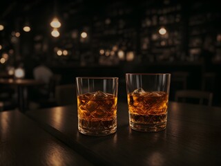 Scotch whiskey glass. Bottle and glasses of cold whiskey on dark wooden background. Generative AI