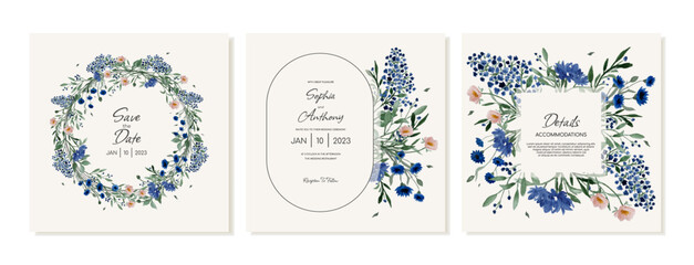Set of square wedding invitations, details and RSVP in rustic style with wildflowers. Vector template