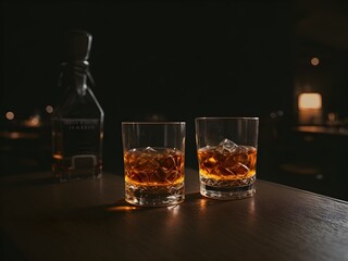 Scotch whiskey glass. Bottle and glasses of cold whiskey on dark wooden background. Generative AI