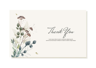 Thank you card with dried watercolor flowers. Vector template.