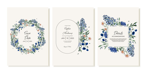 Set of wedding invitations, details and RSVP in rustic style with wildflowers. Vector Template