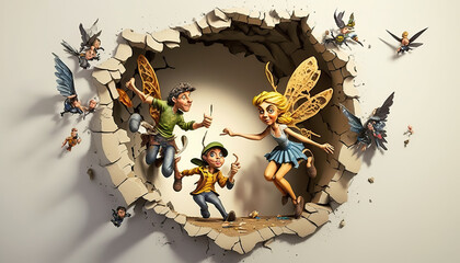 Fairy flying creatures emerge from a hole in a white wall - aI generated