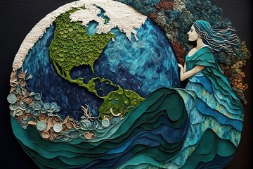 Mother earth concept. Woman careing our planet about environment. Biological diversity or protection of flora and fauna. Generative AI