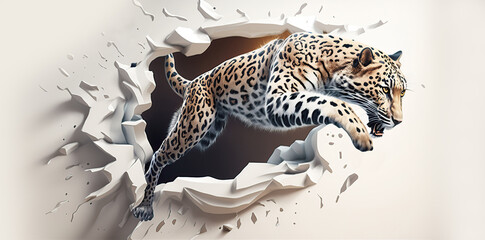 Spotted leopard jumping out of a hole in the wall - aI generated - obrazy, fototapety, plakaty